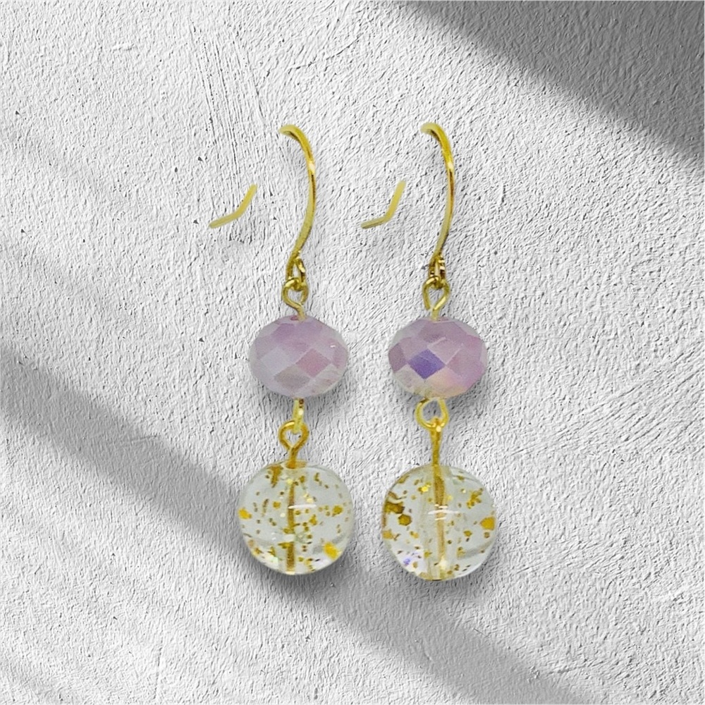 BOUTIQUE Gold and Purple Two-Tier Earrings with Faceted Beaded Design, Glitter
